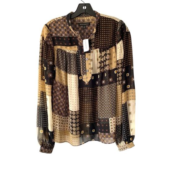 Banana Republic NWTs Eyelet Blouse Black Tan Patchwork Print size Medium - Picture 2 of 8